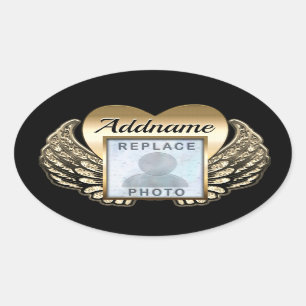 Gold Heart Photo Memorial Oval Sticker