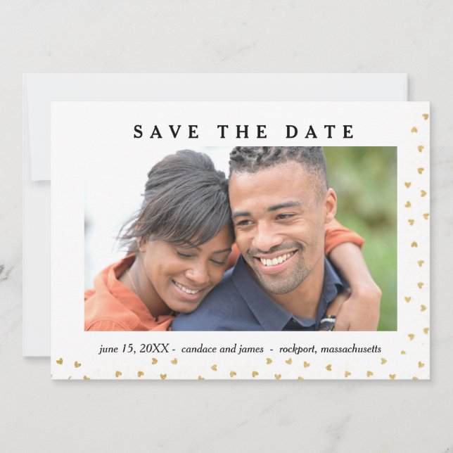 Gold Heart Photo Save the Date Card (Front)