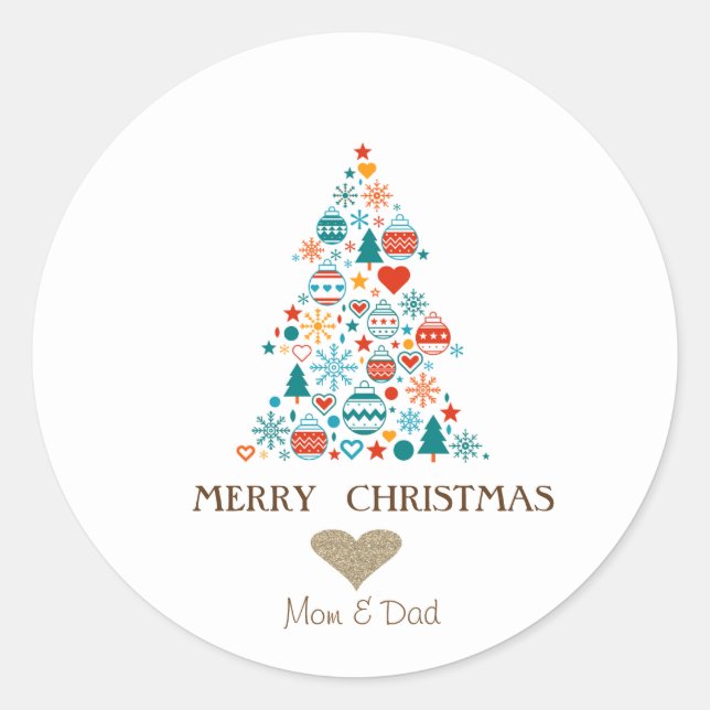 Gold Heart, Pine Tree Colourful Balls Christmas Classic Round Sticker (Front)