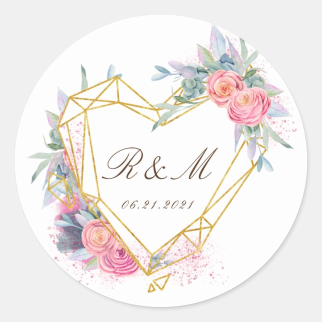 gold heart pink floral elegant save the date classic round sticker (Front)