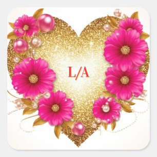 🌿 Gold Heart PInk Flowers Romantic Gift Wrap 🌿 Square Sticker