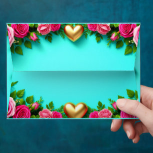 🌷 Gold Heart Pink Rose Turquoise Wedding Set 💍 Envelope