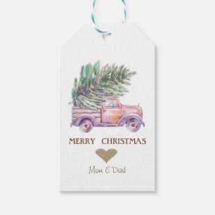 Gold Heart,Pink Truck Pine Trees Christmas Gift Tags