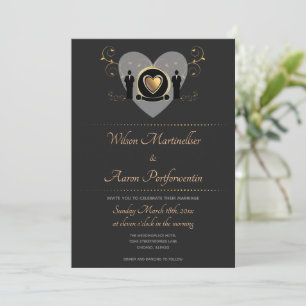 Gold Heart QR Code Male LGBTQ Wedding Invitation