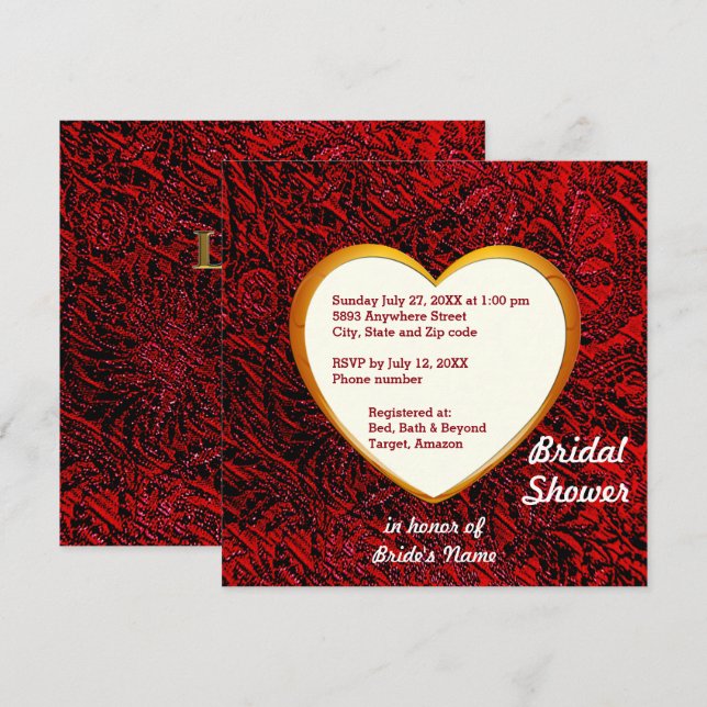 Gold Heart & Red Fabric Bridal Shower Invitation (Front/Back)