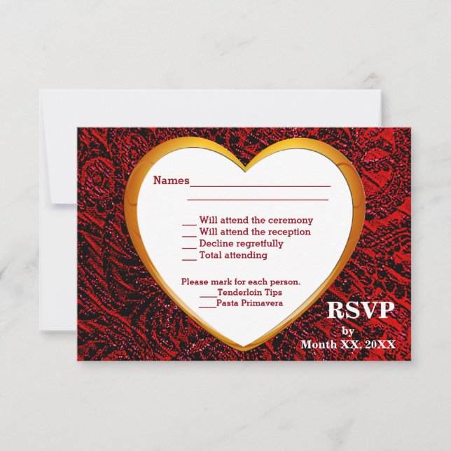 Gold Heart & Red Fabric RSVP & Menu Flat Card (Front)