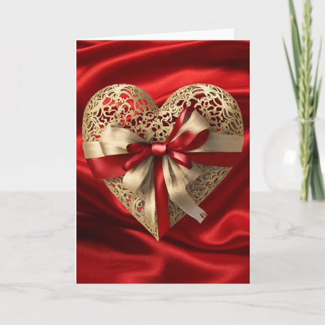 Gold Heart Red Ribbon Valentine's Day Heart Card (Front)