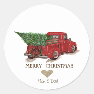 Gold Heart, Red Truck Pine Tree Christmas Classic Round Sticker