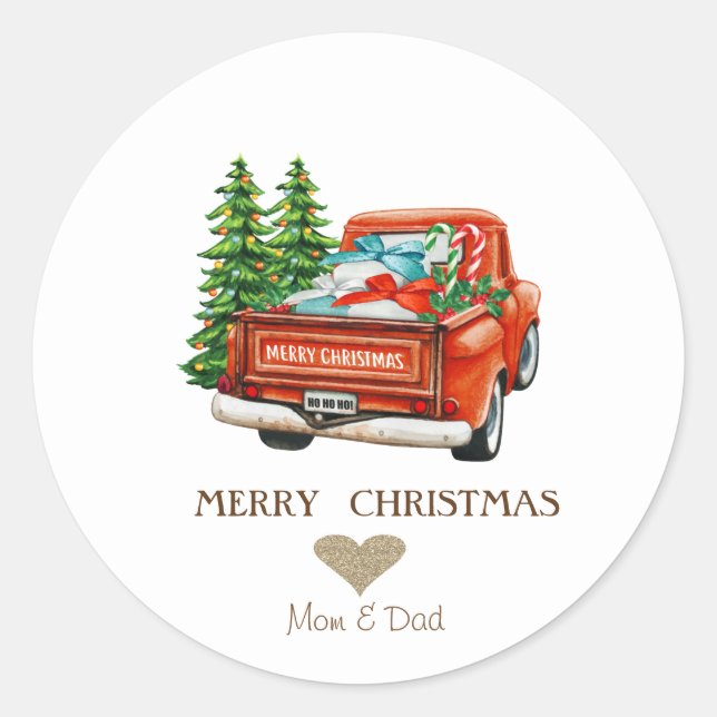 Gold Heart, Red Truck Pine Trees Christmas Classic Round Sticker (Front)