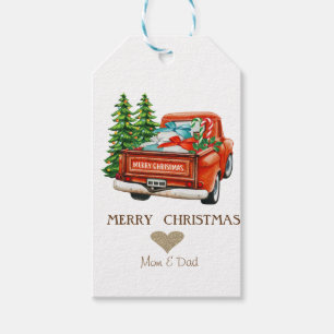 Gold Heart, Red Truck Pine Trees Christmas Gift Tags