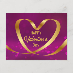 Gold Heart Ribbon Happy Valentine's Day Purple Postcard