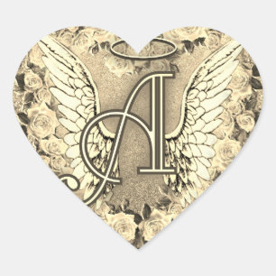 Gold Heart Roses Angel Wings Monogram Sticker