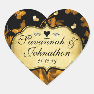 Gold Heart Roses & Butterflies Wedding Heart Sticker