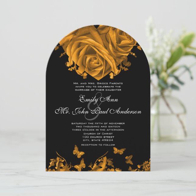 Gold Heart Roses & Butterflies Wedding Invitation (Standing Front)