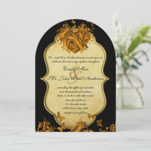 Gold Heart Roses & Butterflies Wedding Invitation