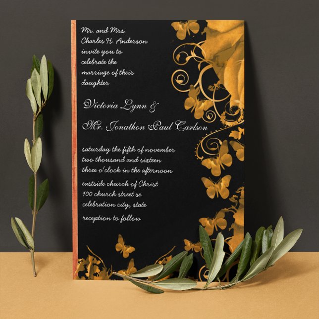 Gold Heart Roses & Butterflies Wedding Invitation (Creator Uploaded)