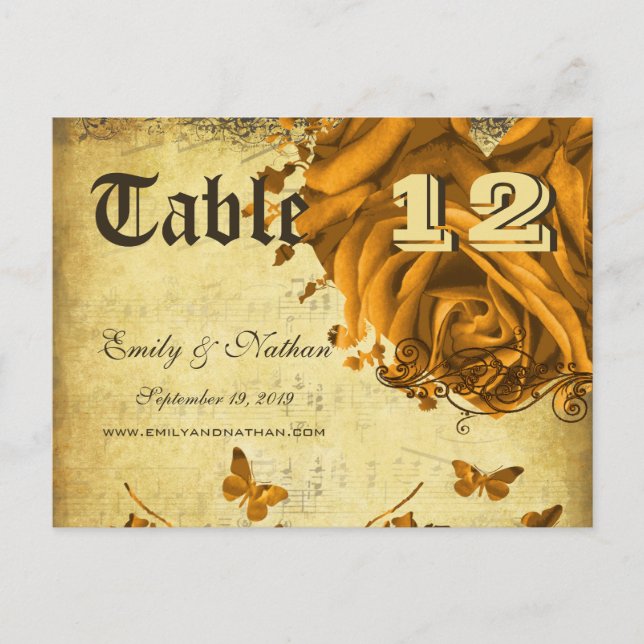 Gold Heart Roses Table Number Card (Front)