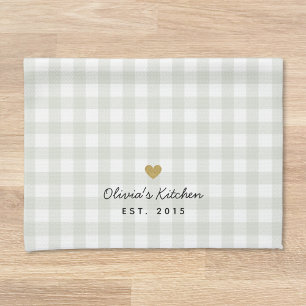 Gold Heart Sage Buffalo Check Custom Name Gift Tea Towel