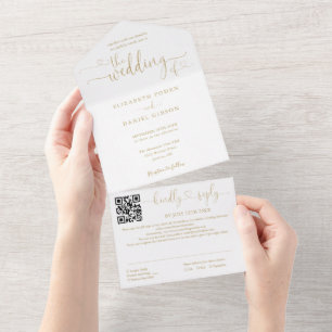 Gold Heart Script Modern QR Code Wedding All In One Invitation