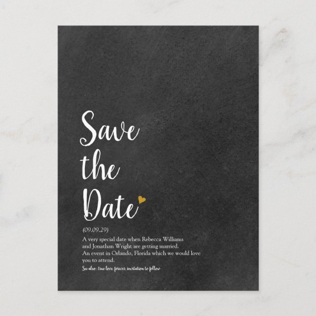 Gold Heart Script Save the Date Definition Announcement Postcard (Front)