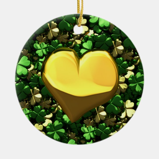 Gold Heart Shamrocks Ceramic Tree Decoration (Front)