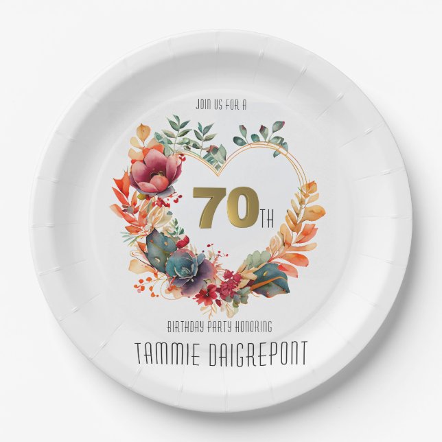 Gold Heart Shape Peony Flower 70th Birthday Party Paper Plate (Front)