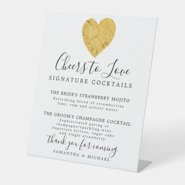 Gold Heart Signature Cocktails Wedding Bar Pedestal Sign (Front)