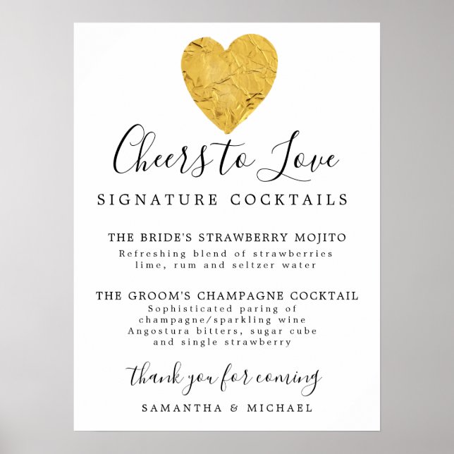 Gold Heart Signature Cocktails Wedding Bar Sign (Front)