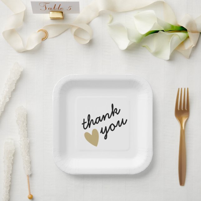 Gold Heart Simple Sincere Thank You Paper Plate (Wedding)