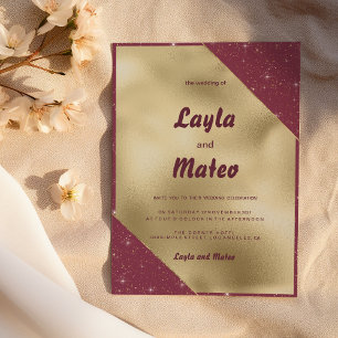 Gold heart sparkle burgundy glitter Wedding Invitation