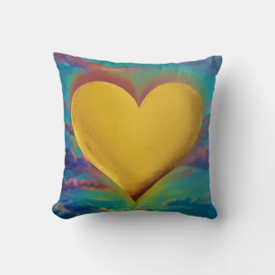 Gold Heart Surrounded by Colourful Clouds Cushion