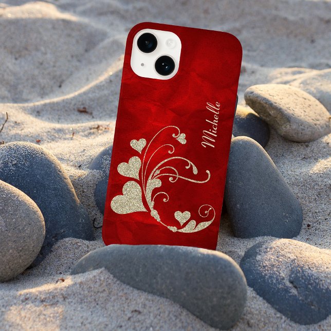 Gold Heart Swirl Faux Glitter on Red Case-Mate iPhone Case (Creator Uploaded)
