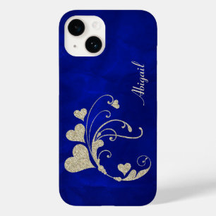 Gold Heart Swirl Faux Glitter on Royal Blue Case-Mate iPhone 14 Case