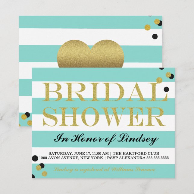 Gold Heart Teal Blue Party Shower Invitation (Front/Back)