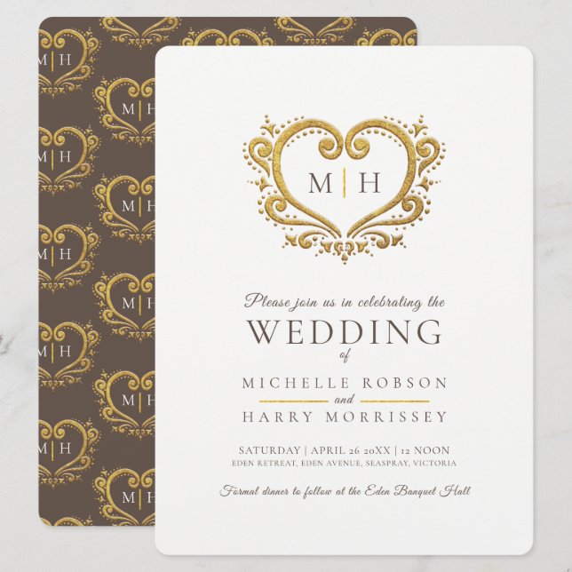 Gold heart wedding dark brown white invitation (Front/Back)
