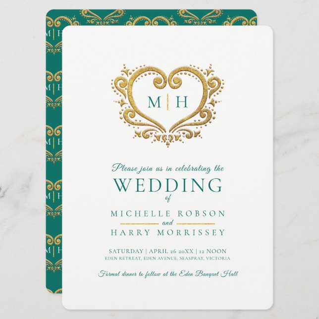 Gold heart wedding dark emerald green and white invitation (Front/Back)