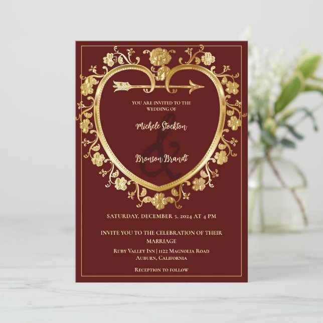 Gold Heart Wedding Invitation (Standing Front)