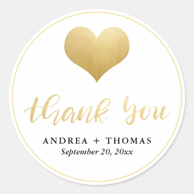 Gold Heart Wedding Thank You Script Modern Classic Round Sticker (Front)
