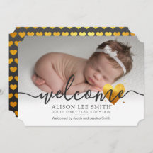 Gold heart Welcome birth Announcement Card