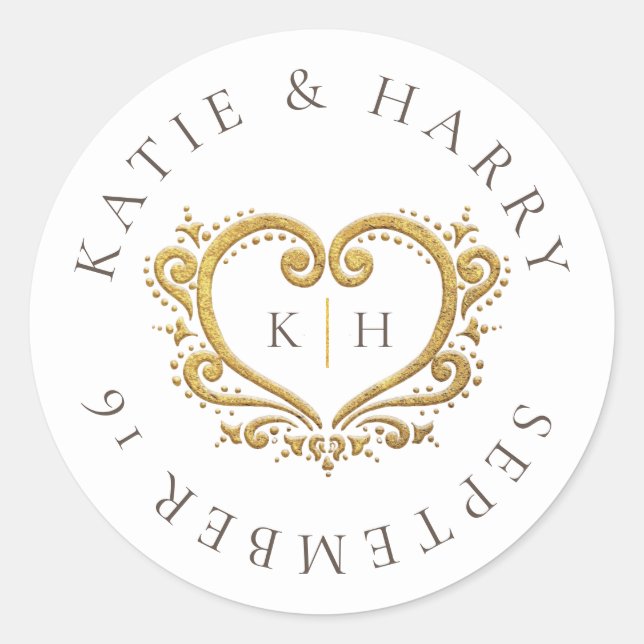 Gold heart white brown monogram wedding  classic round sticker (Front)