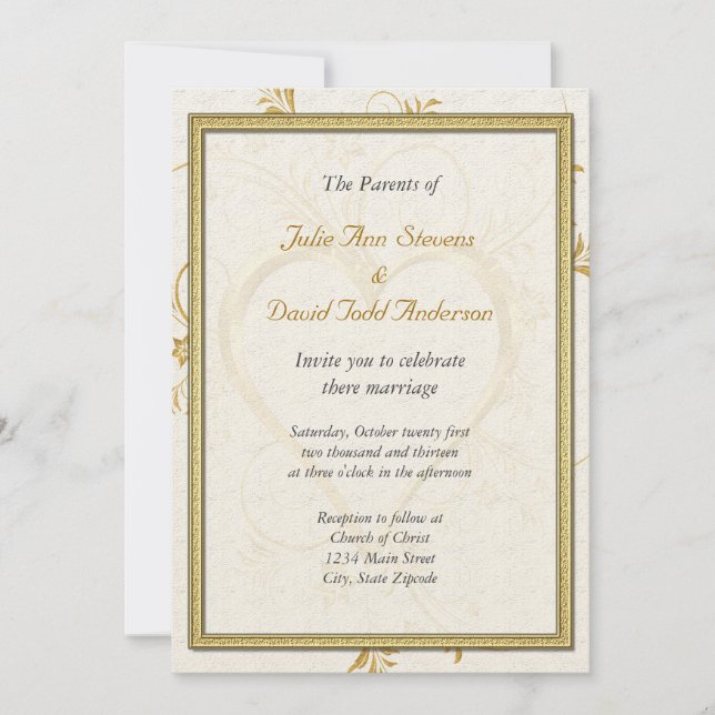 Gold Heart With Frame Wedding Invitation (Front)