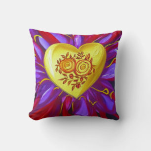 Gold Heart with Roses Throw Pillow