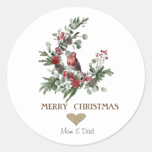 Gold Heart,Wreath Red Cardinal Christmas Classic Round Sticker