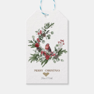 Gold Heart,Wreath Red Cardinal Christmas   Gift Tags