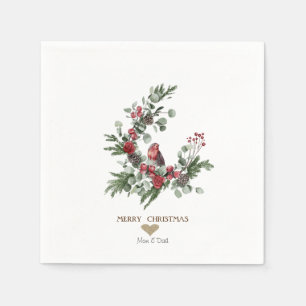 Gold Heart,Wreath Red Cardinal Christmas  Napkin