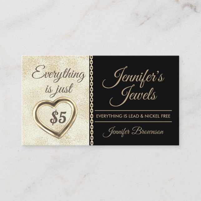 Gold Hearted Five Dollar Jewellery Accessories Business Card (Front)