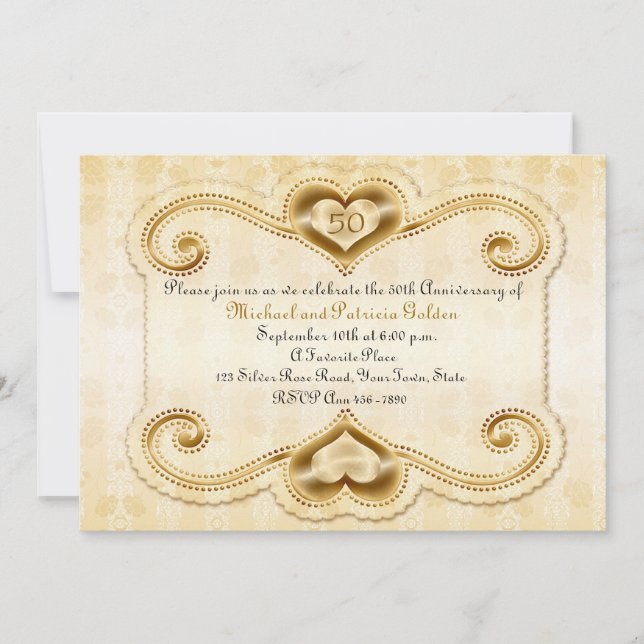 Gold Hearts 50th Anniversary Invitation (Front)