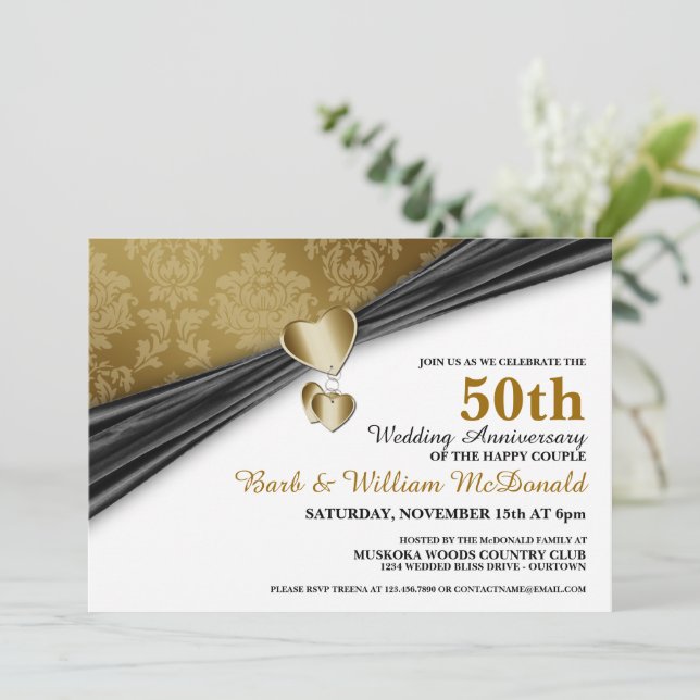Gold Hearts 50th Anniversary Invitations (Standing Front)