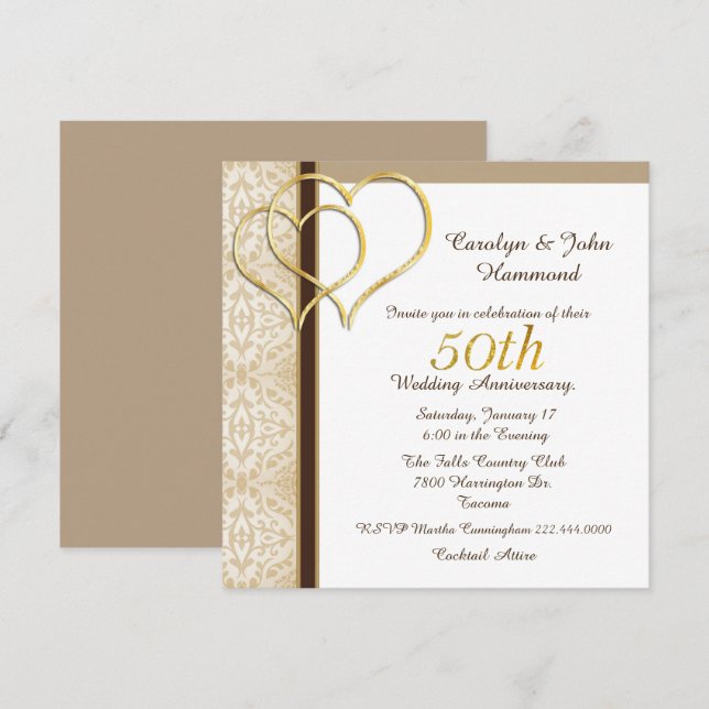 Gold Hearts 50th Wedding Anniversary Invitation (Front/Back)