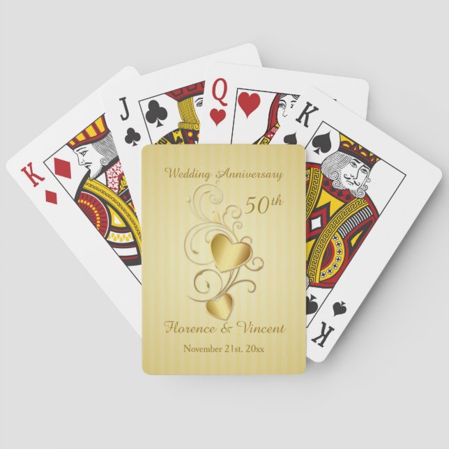 Gold hearts 50th Wedding Anniversary Playing Cards (Back)